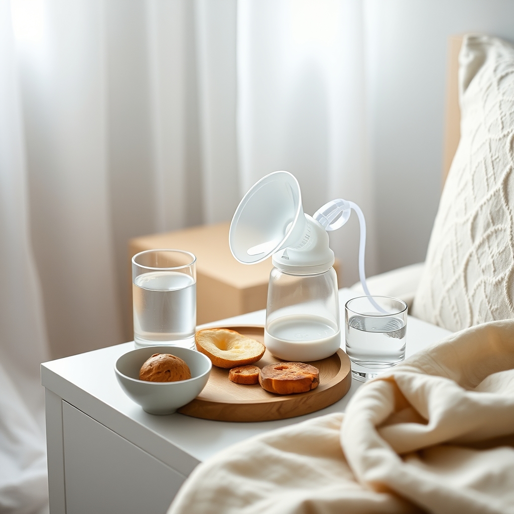 A breast pump on a bedside table beside a glass of water and a soft blanket, morning light streaming in, calm and organized
