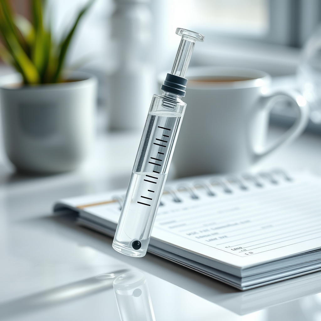 Close‑up of a syringe with a clear liquid, representing a monoclonal antibody preparation for Rh prophylaxis, placed beside a lab notebook and a coffee cup, bright natural light