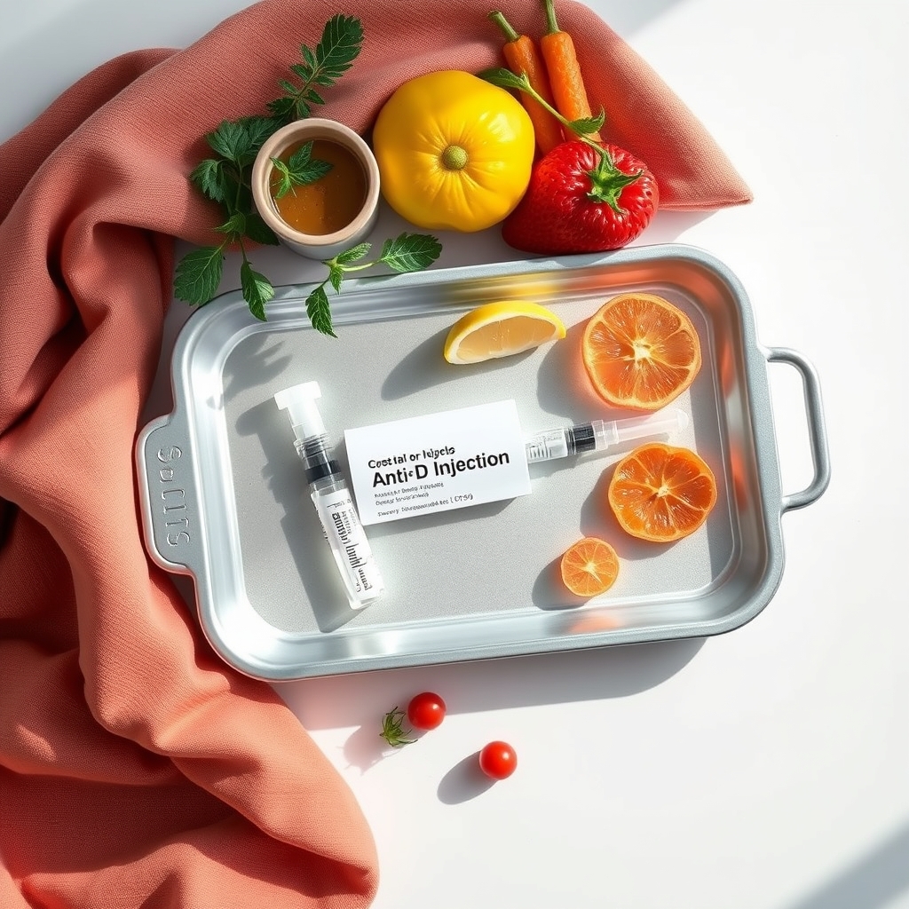 Close‑up of a sterile anti‑D injection kit on a medical tray, bright clinical lighting, emphasizing safety and precision