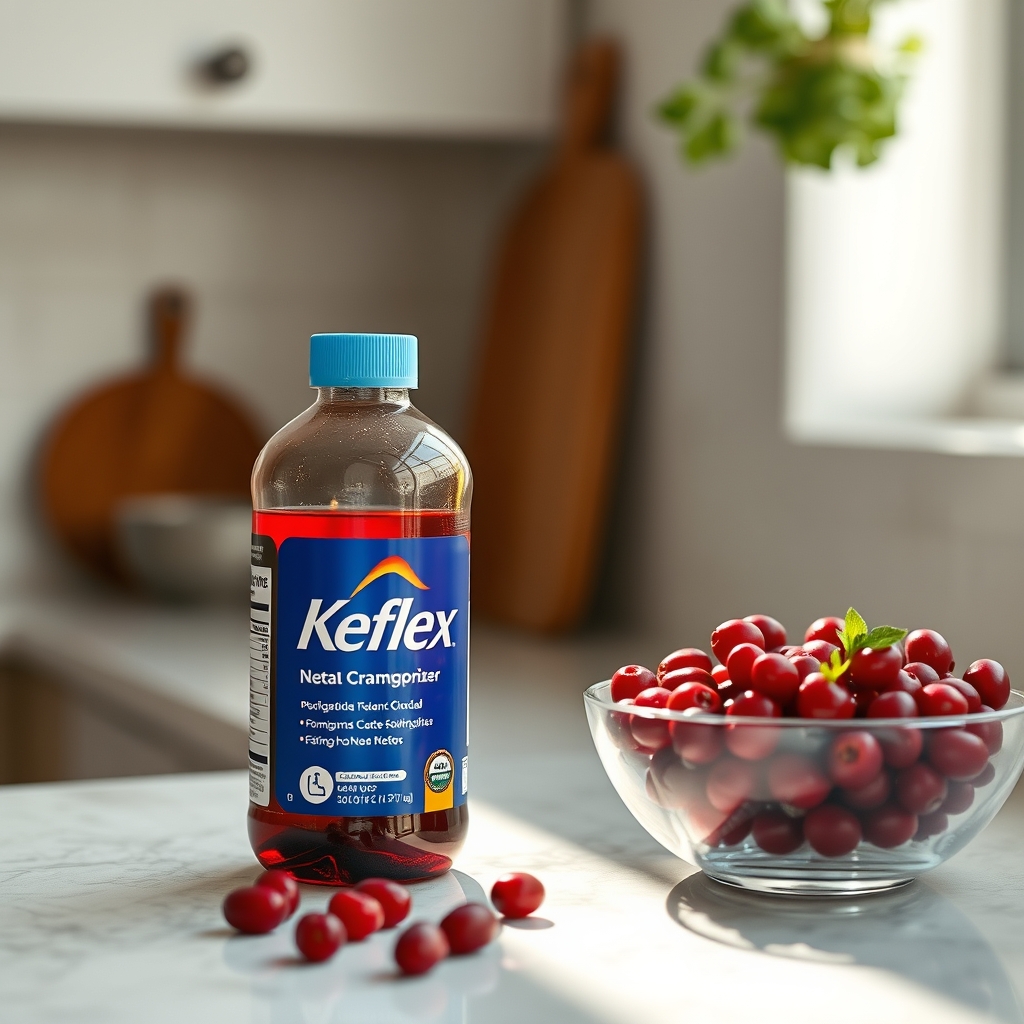 A close‑up of a glass bottle labeled 'Keflex' next to a small bowl of fresh cranberries, soft morning light highlighting the items, emphasizing natural preventive options alongside medication
