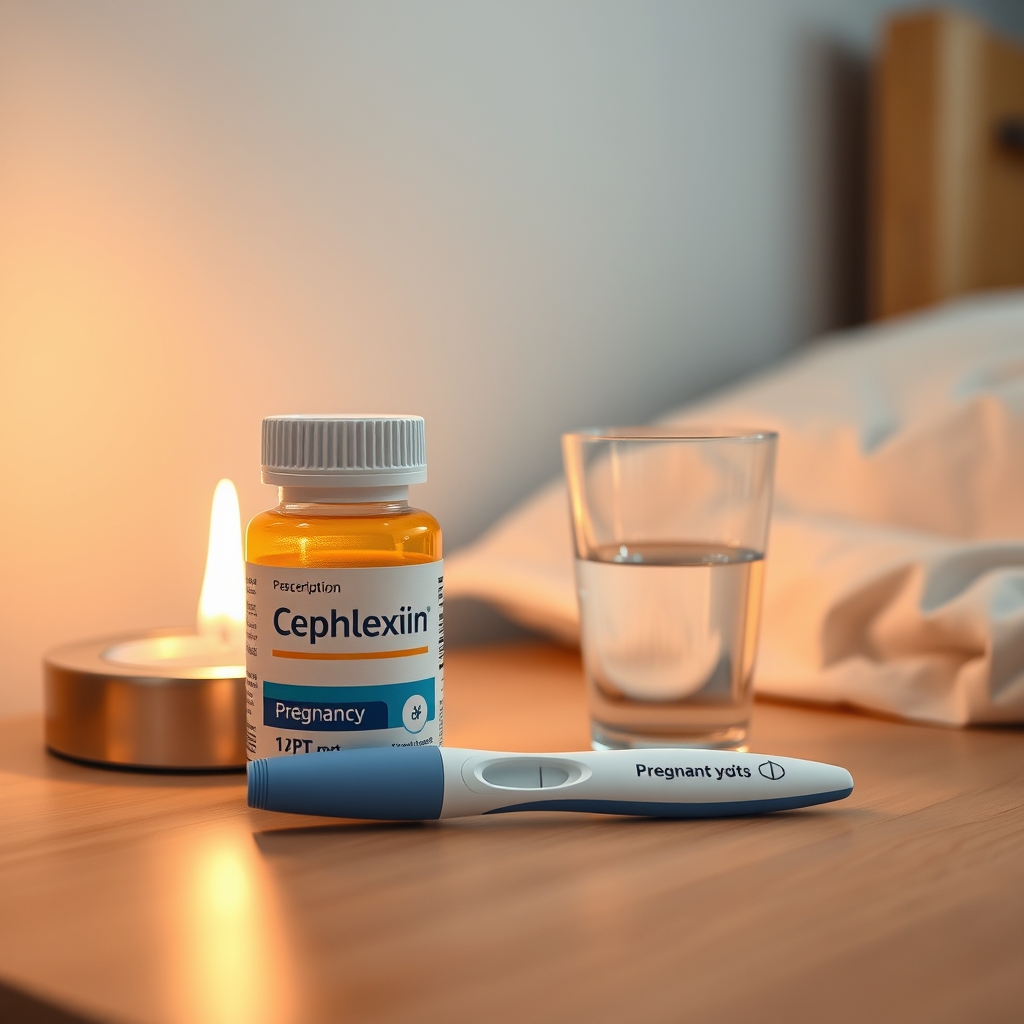 a close‑up of a prescription bottle labeled Cephalexin on a bedside table next to a pregnancy test and a glass of water, warm lighting emphasizing the calm atmosphere