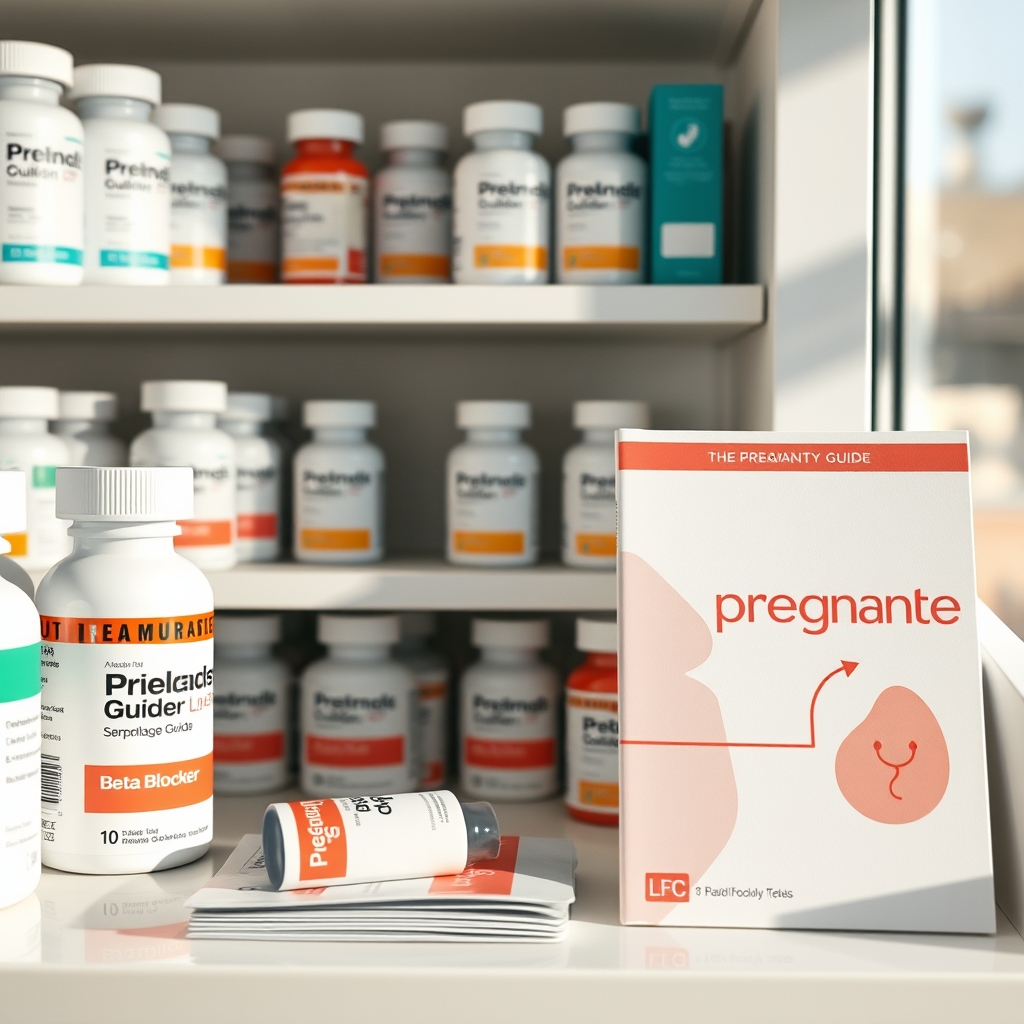 A tidy pharmacy shelf displaying generic beta‑blocker bottles alongside a pregnancy‑safe guidebook, soft daylight streaming in