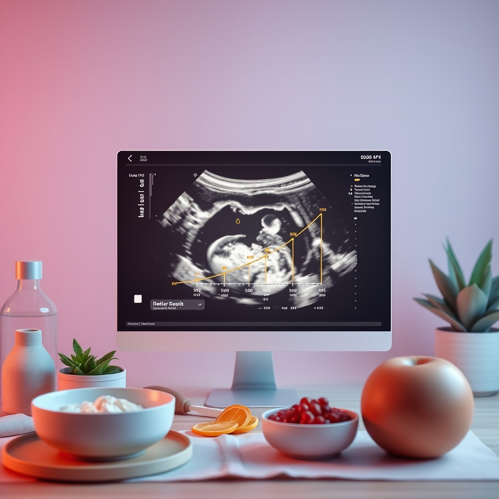 A close‑up of a prenatal ultrasound screen showing a healthy fetus with a highlighted growth chart, soft pastel colors indicating calm monitoring