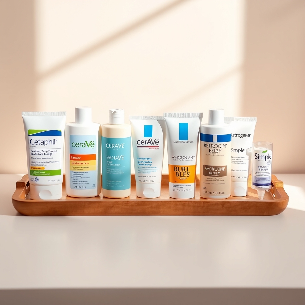 A row of eight pregnancy‑safe facial cleansers on a wooden tray, each bottle labeled clearly, with a soft pastel background to convey calmness