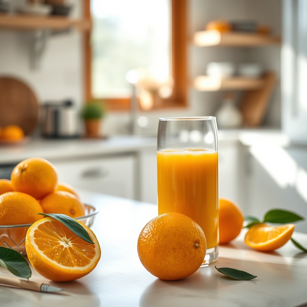 A glass of freshly squeezed orange juice beside a bowl of whole oranges, illustrating a pregnancy‑friendly source of vitamin C and folate