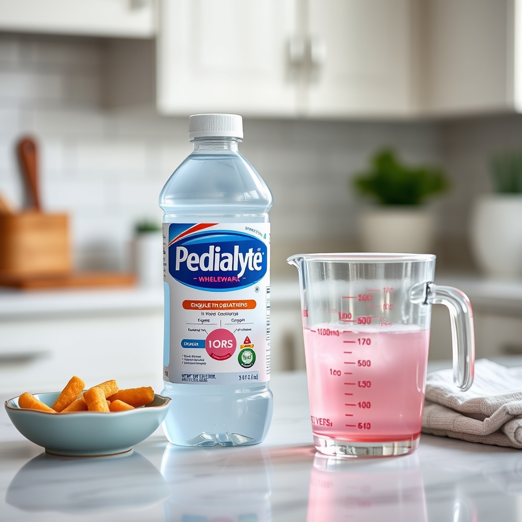 A labeled Pedialyte bottle next to a measuring cup filled with prepared oral rehydration solution, emphasizing safe electrolyte rehydration during pregnancy