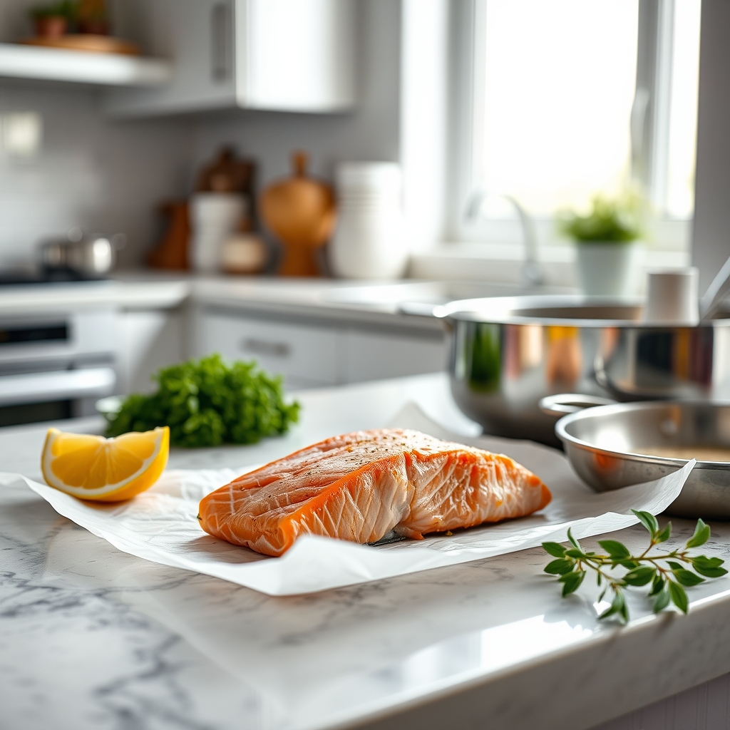 a kitchen counter with a stainless steel pan, a sheet of parchment paper, a lemon wedge, and a salmon fillet ready to be baked, illustrating pregnancy‑safe cooking methods