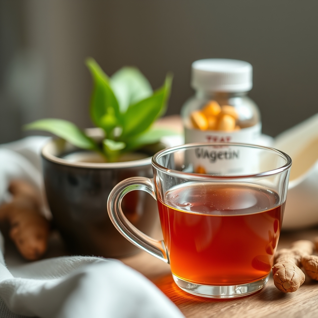 a glass of ginger tea steaming on a kitchen counter beside a bottle of prenatal vitamins, illustrating natural safe medicine for pregnancy headache