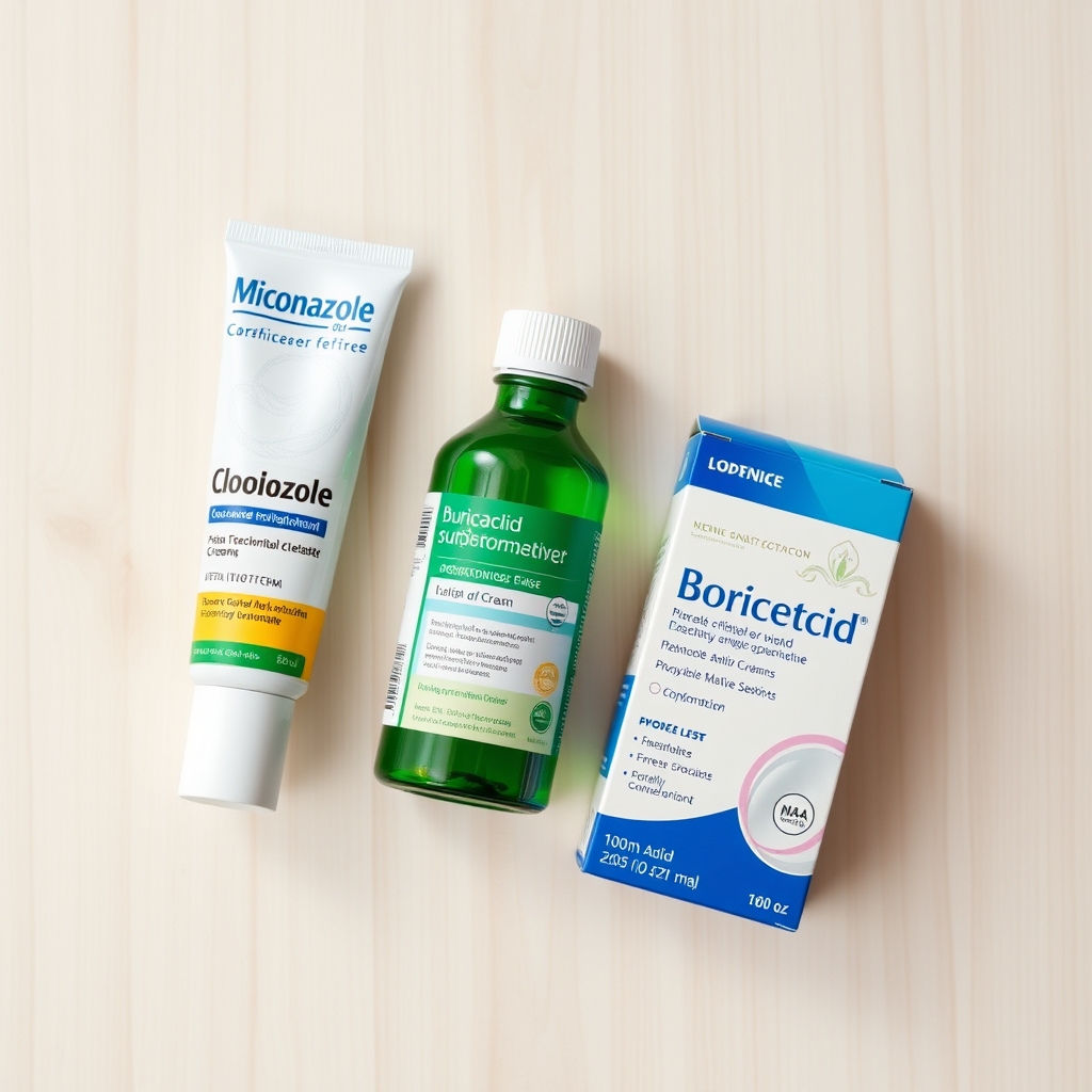 row of various over‑the‑counter yeast infection products—cream tubes, suppository boxes, and a probiotic bottle—arranged on a wooden countertop with soft daylight