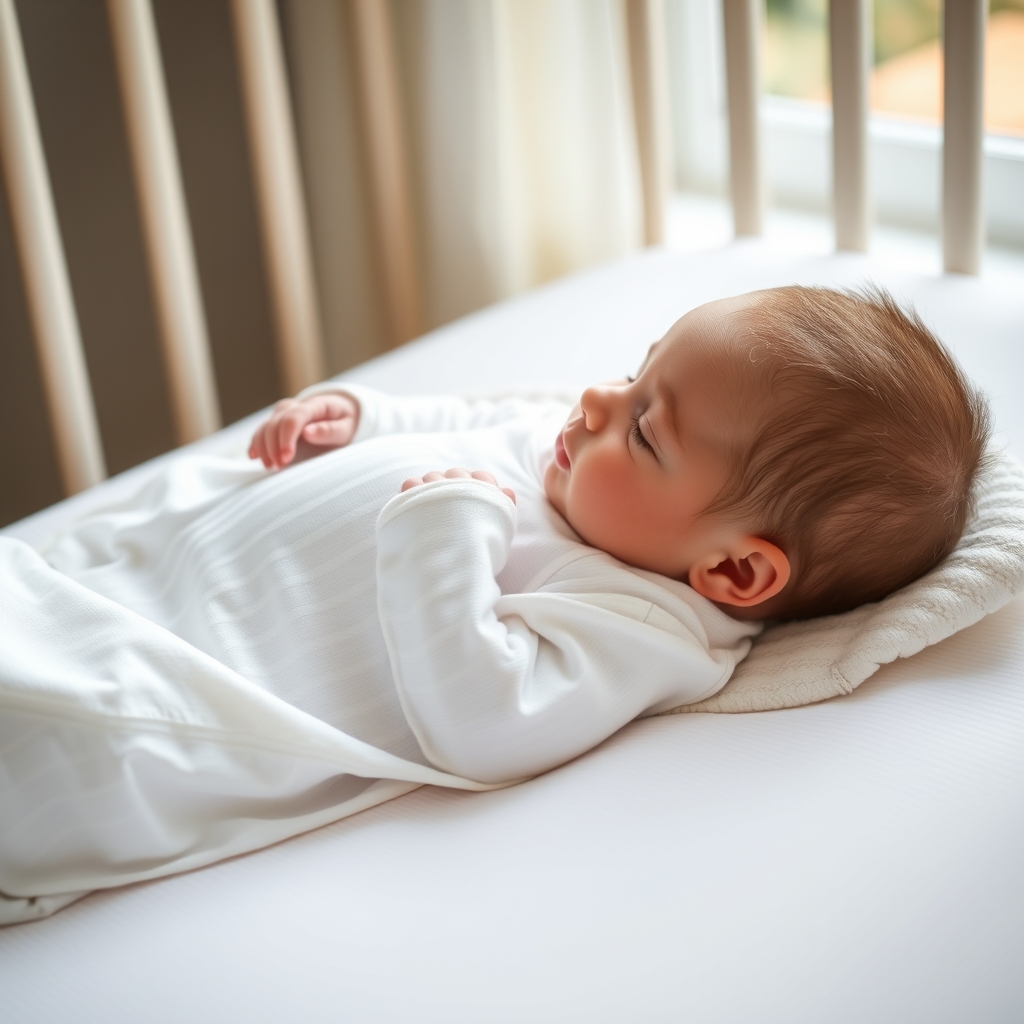 a newborn sleeping on a firm crib mattress with a sleep sack, soft lighting, and no blankets, illustrating safe sleep guidelines