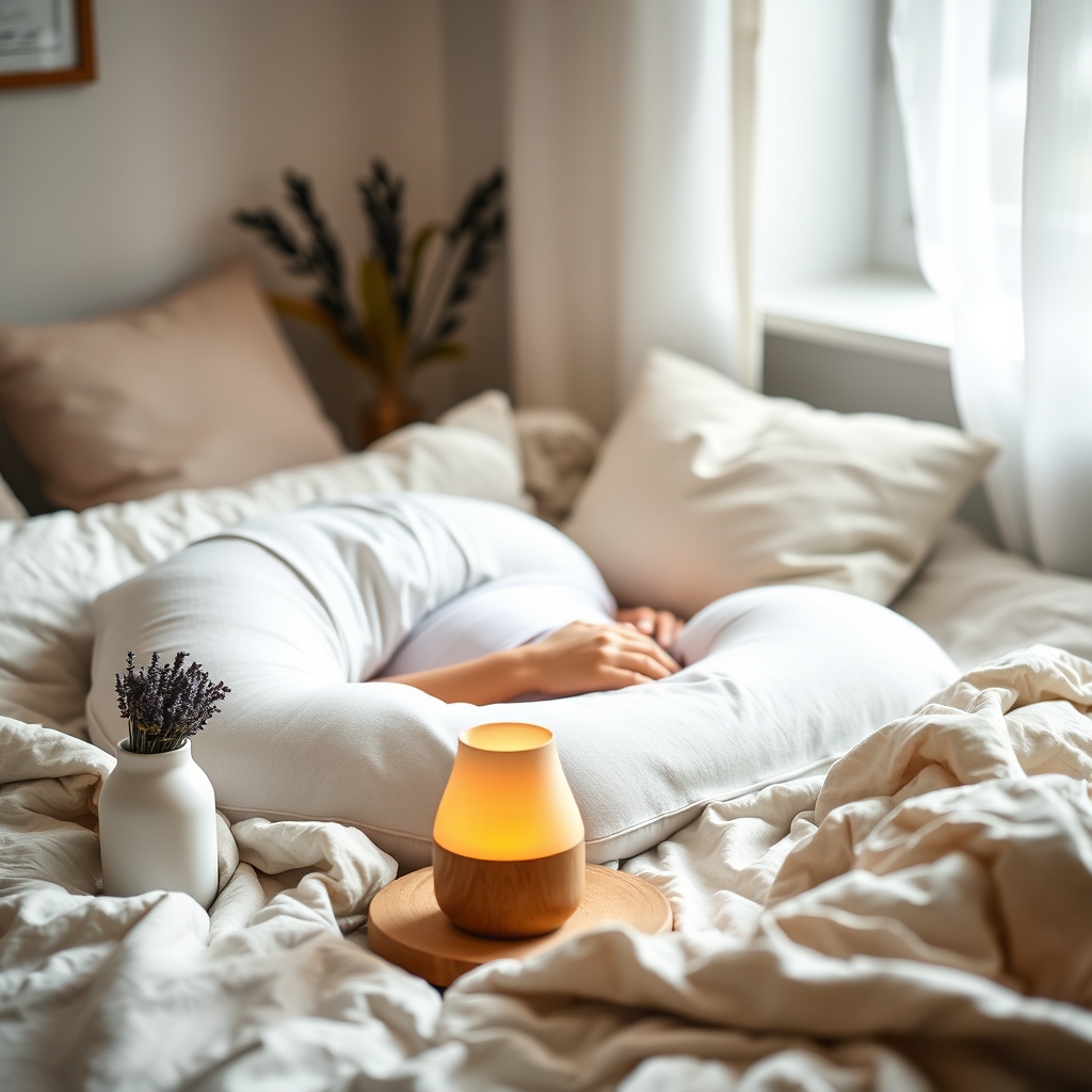 A cozy bedroom scene with a pregnancy pillow propped against a bed, a lavender‑scented diffuser on the nightstand, and a glass of warm milk, soft ambient lighting, realistic style, calming atmosphere
