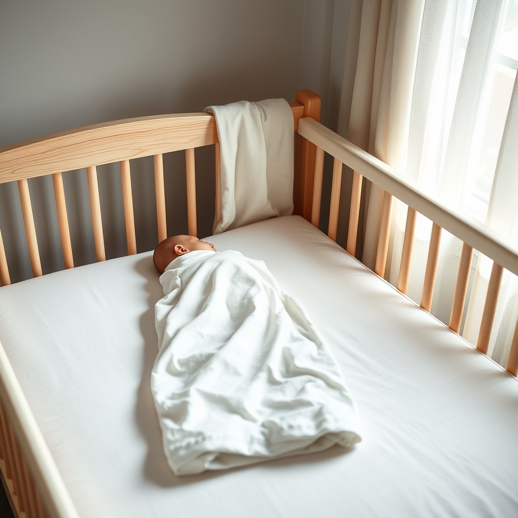 A nursery scene showing a flat, firm crib mattress with a fitted sheet and a breathable sleep sack, illustrating the proper back‑sleep setup