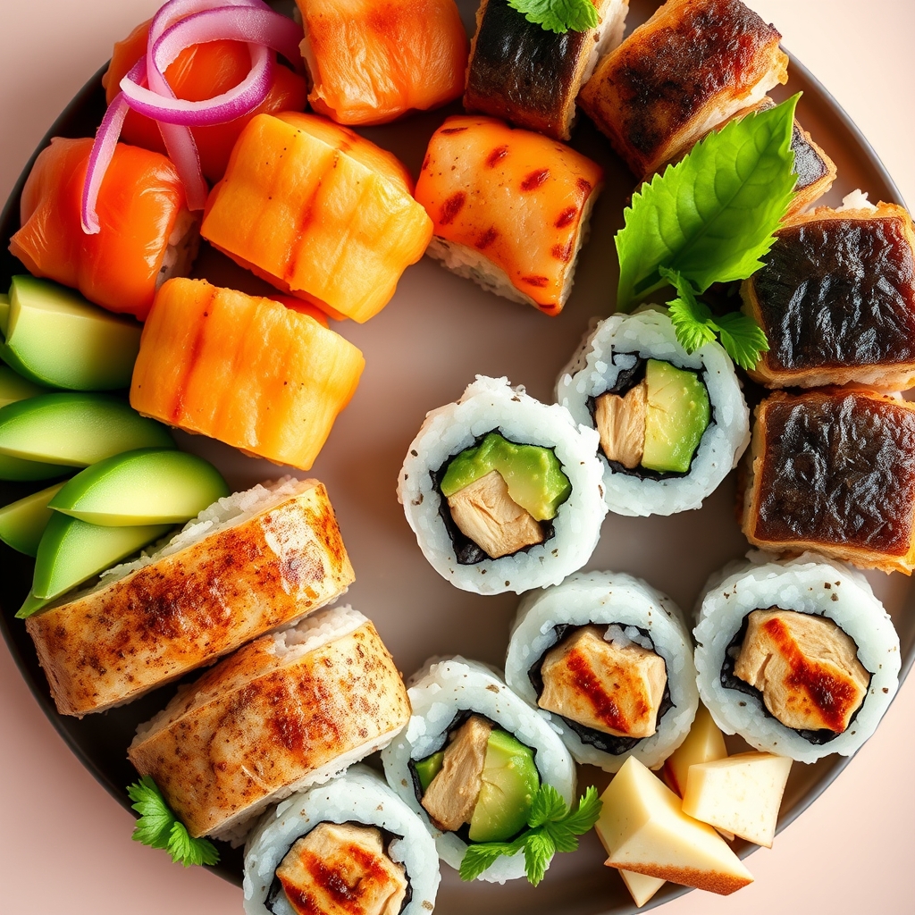 A bright assortment of sushi rolls on a bamboo board, highlighting a cucumber roll, avocado roll, and grilled chicken sushi, illustrating pregnancy‑safe sushi options