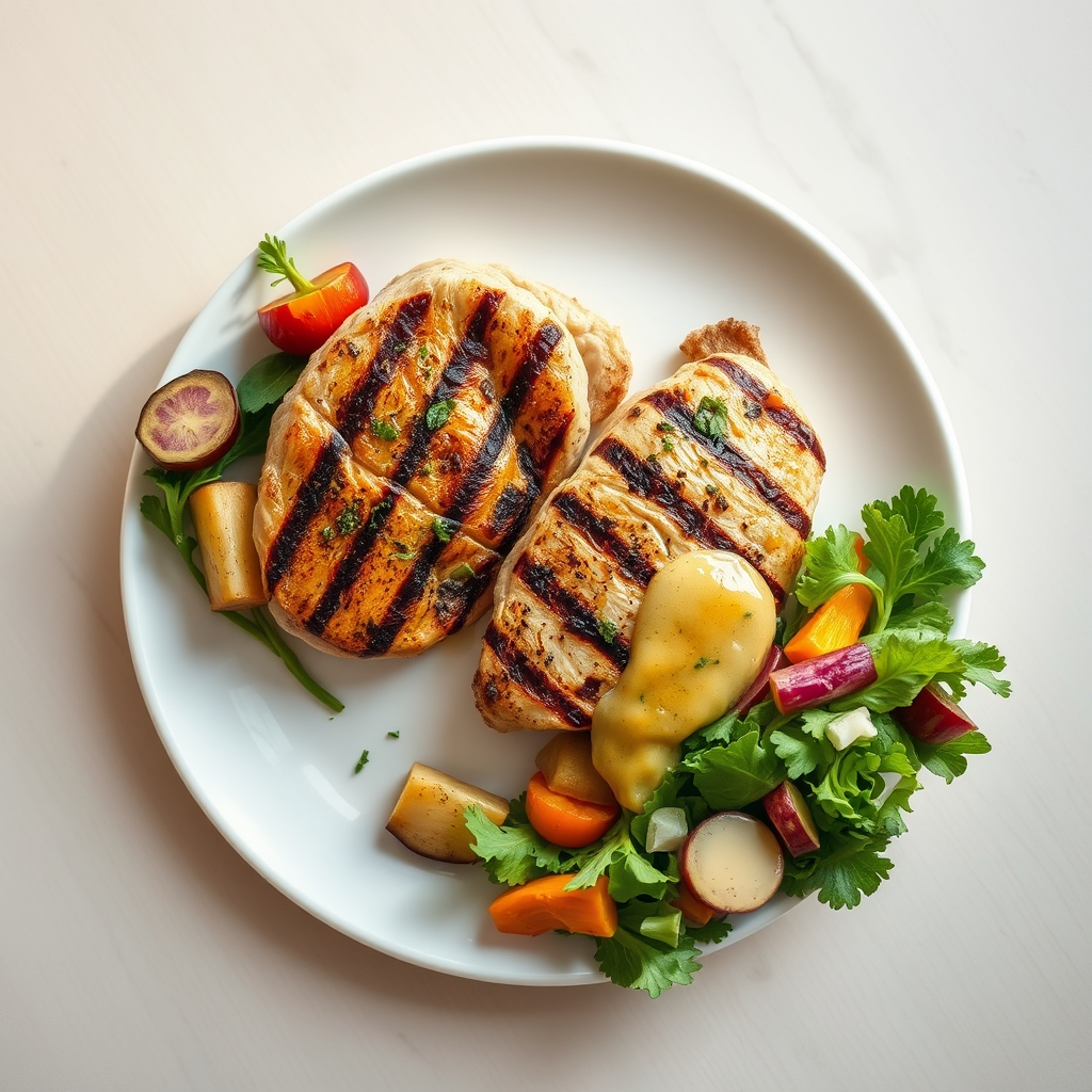 A plate of grilled chicken, roasted vegetables, and a small side salad with vinaigrette, photographed from a slight angle with natural daylight highlighting the colors