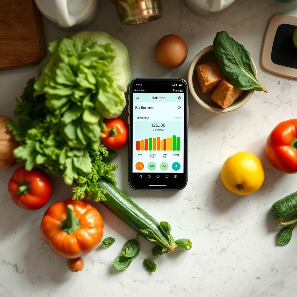 A phone screen showing a nutrition‑tracking app with a daily sodium summary, placed on a kitchen countertop beside fresh vegetables