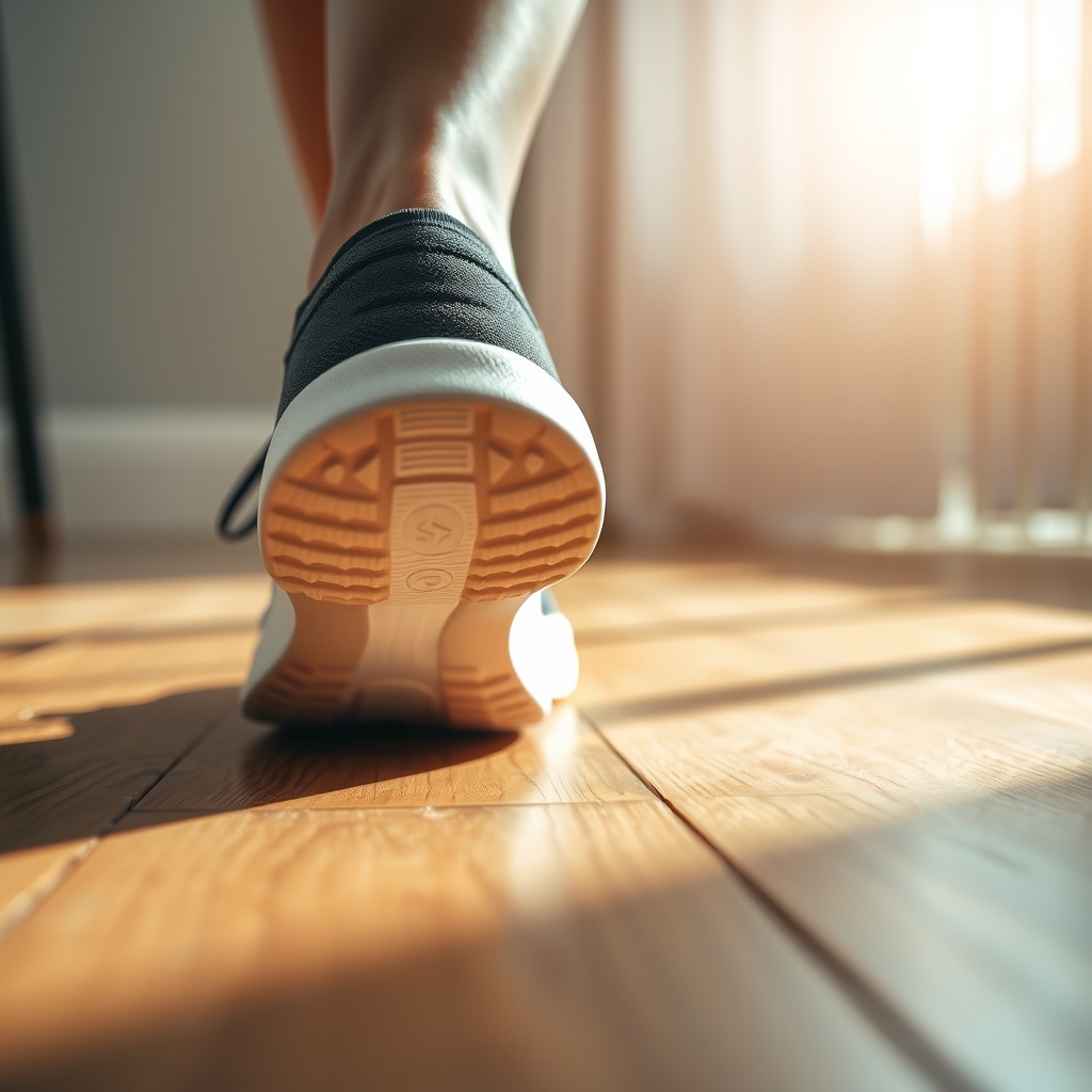 Close‑up of a supportive athletic shoe on a wooden floor, soft morning light highlighting the cushioned sole and arch support