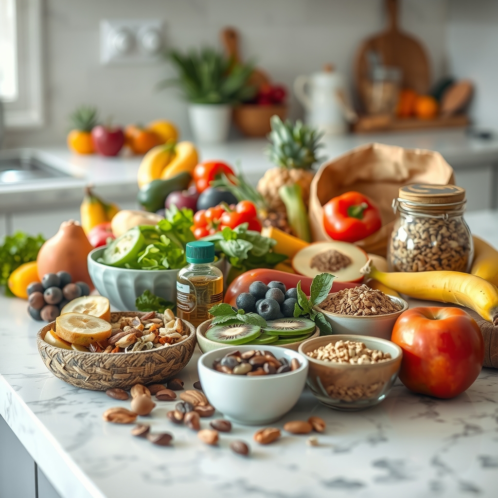 A variety of colorful, healthy foods including fruits, vegetables, and whole grains, emphasizing good nutrition for energy.