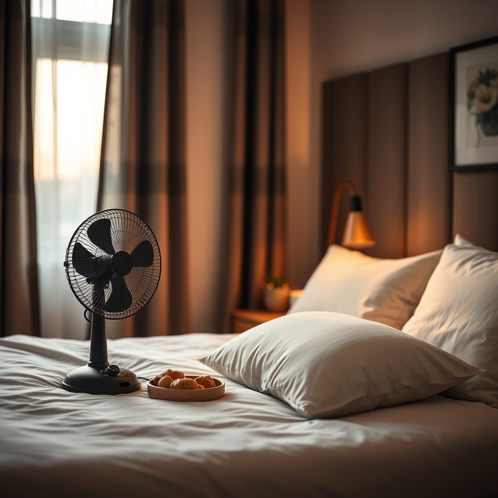 Cozy bedroom with blackout curtains, a fan, and a pregnancy pillow on the bed, creating a sleep-friendly environment