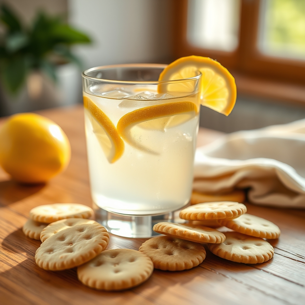 Close‑up of a glass of ginger‑lemon water beside a small plate of plain crackers on a wooden countertop, bright natural light