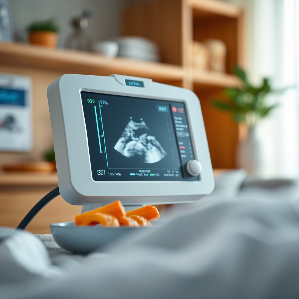 Close‑up of a fetal monitor display showing a reassuring heart‑rate pattern next to a blood pressure cuff reading of 148 over 96 mmHg