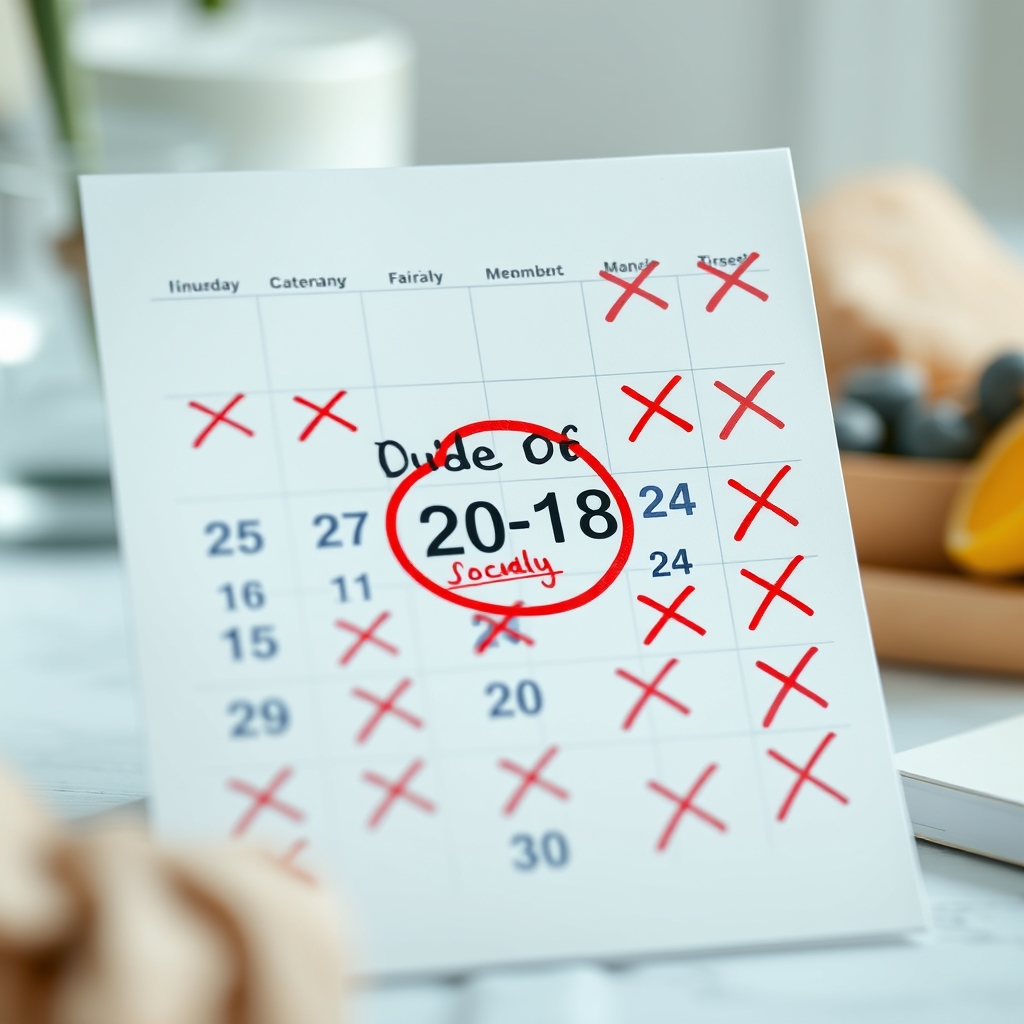 A calendar with a due date circled and many days crossed off.
