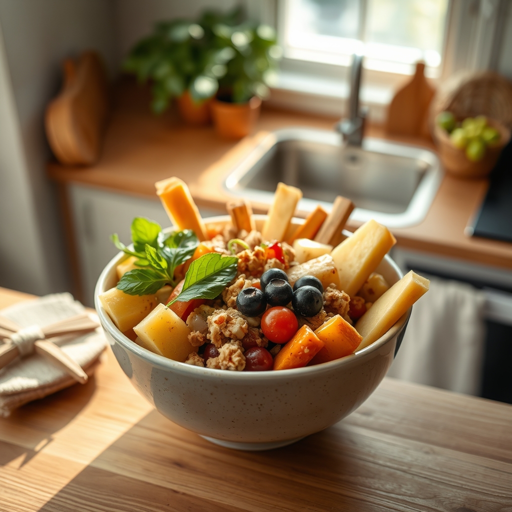 Close‑up of a ceramic bowl filled with high‑fiber fruit, nuts, and whole‑grain crackers on a wooden table, bright morning light, inviting breakfast setting