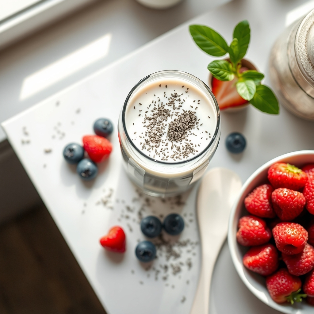 A glass of fortified almond milk beside a bowl of fresh berries and a sprinkling of chia seeds on a light wooden tabletop, bright morning light, wholesome breakfast composition