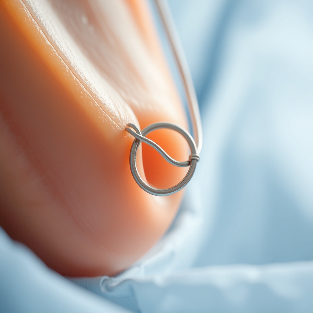 Close-up of a cervical cerclage suture placed around the cervix, highlighting the knot and surrounding tissue in a surgical setting