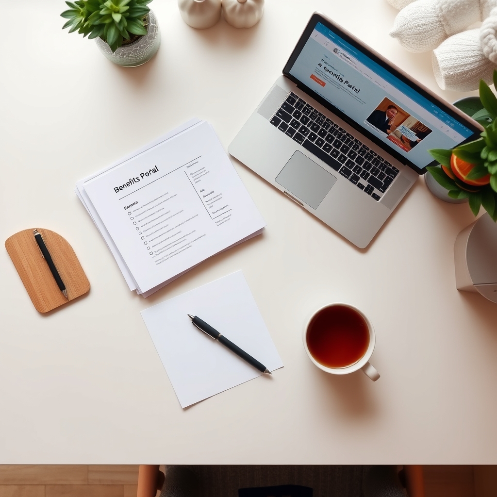Overhead shot of a desk with an open laptop, a stack of organized documents, a pen, and a warm cup of tea, emphasizing organization