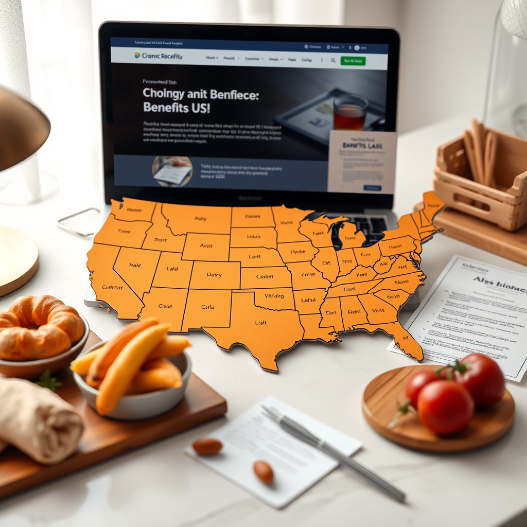 A map of the United States with a few states highlighted, symbolizing state-specific disability laws, with a laptop and documents on a desk