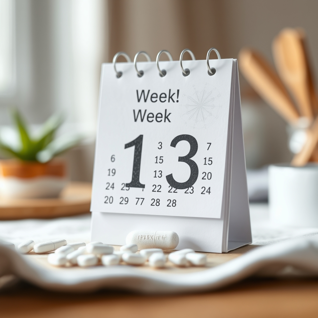 A calendar page showing a highlighted week 13 pregnancy milestone with a low‑dose aspirin pill placed on the date, soft daylight from a window