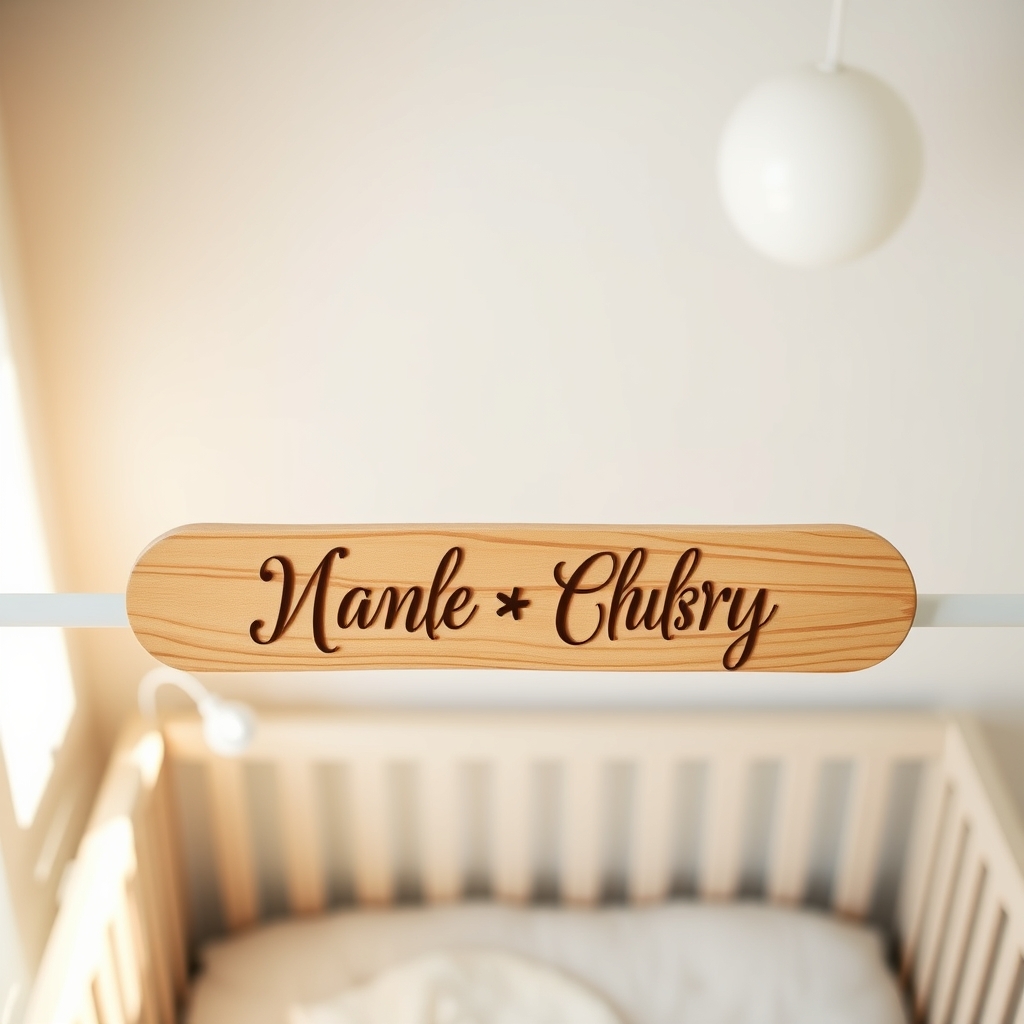 A cozy nursery scene with pastel walls, a wooden name board showing two names, soft natural light streaming through a window