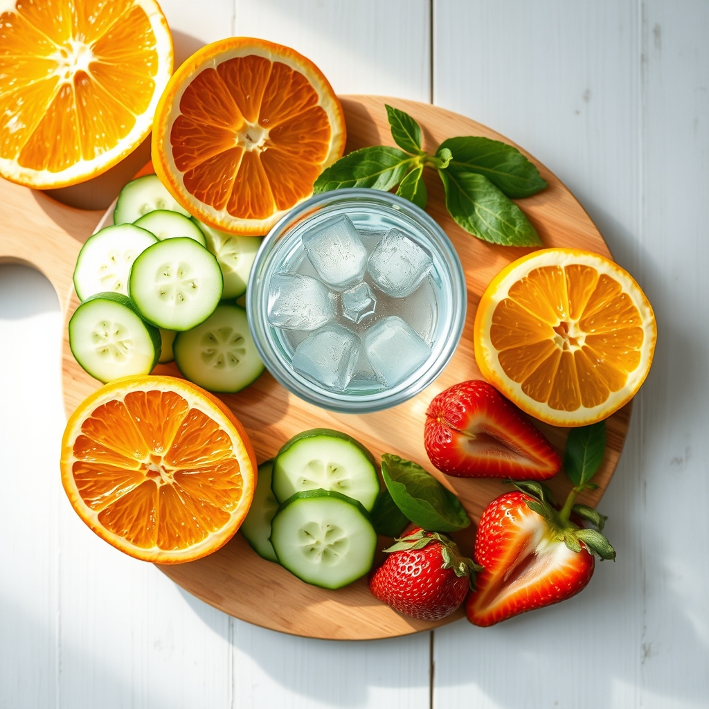 A colorful assortment of hydrating fruits and vegetables on a rustic wooden board, including cucumber slices, orange wedges, strawberries, and a small glass of water