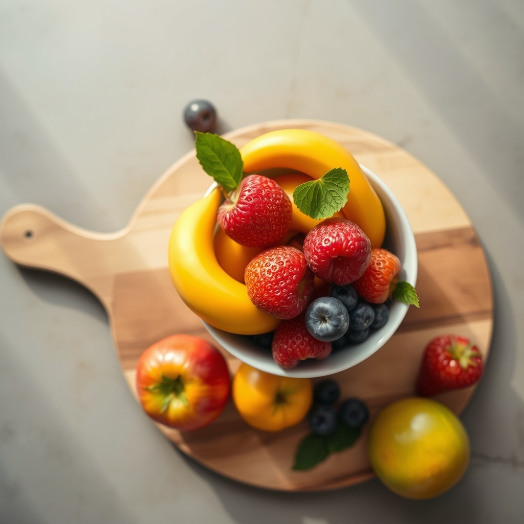 Fresh fruit bowl with oranges, blueberries, and kiwi on a wooden table, bright natural light, vibrant colors