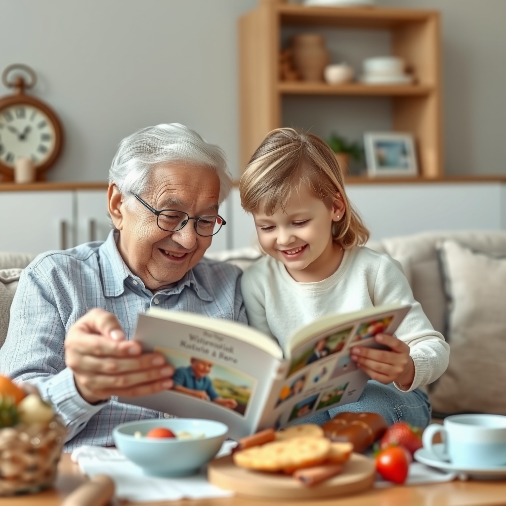 A kind-looking Silent Generation grandmother reading a storybook to her grandchild, both engaged and smiling warmly.