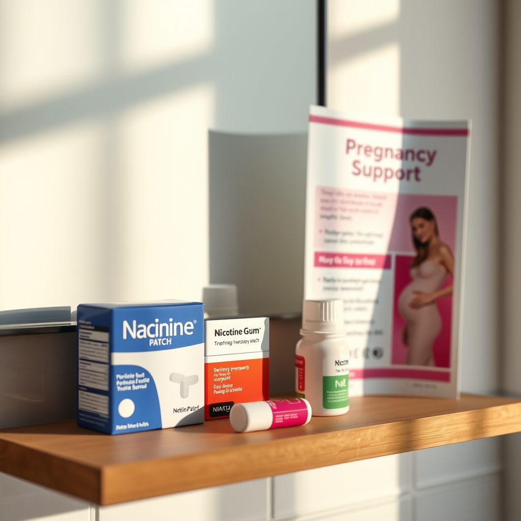 A tidy bathroom shelf displaying a nicotine patch box, nicotine gum bottle, and a pregnancy‑friendly support pamphlet, soft natural light highlighting the items