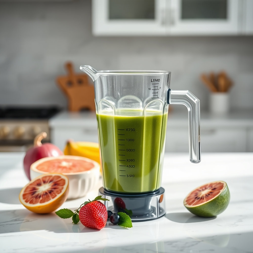 A sleek blender filled with a bright green spinach and mango smoothie, a glass of water and a banana on a marble countertop