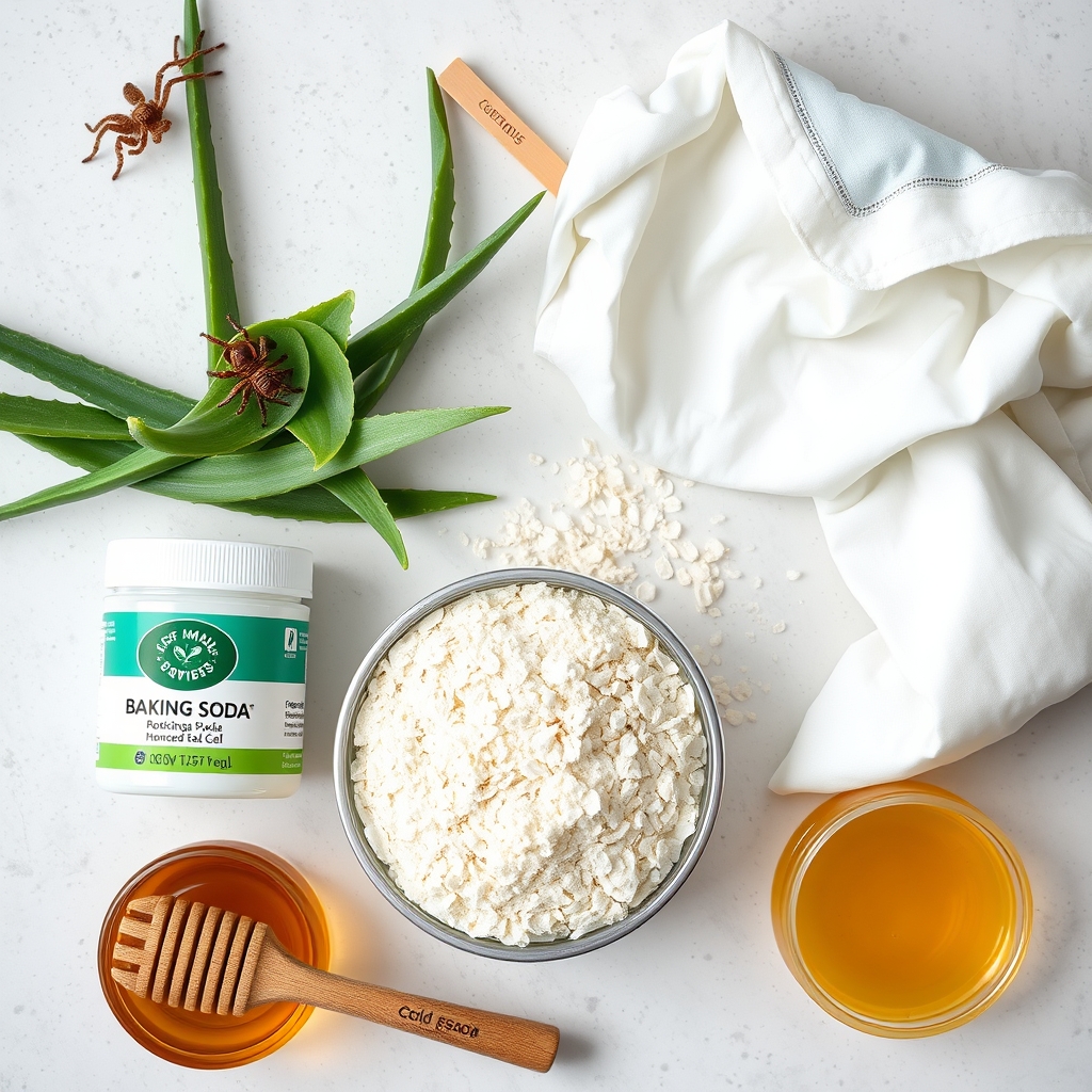 A spread of safe home remedies for spider bites during pregnancy, including aloe vera, baking soda, oatmeal, honey, and a cold compress