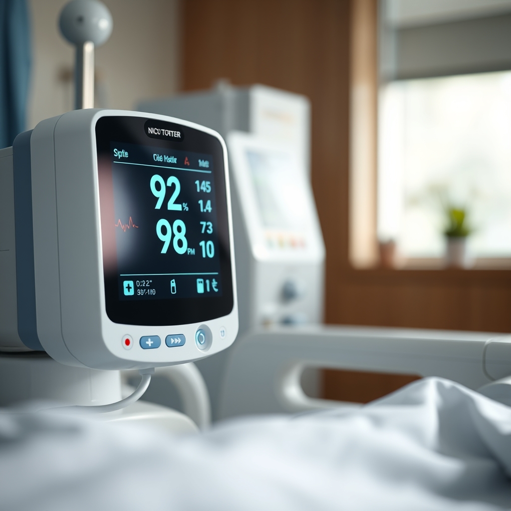 Neonatal intensive care unit bedside monitor showing a stable SpO₂ reading of 92% alongside heart rate and ventilation settings