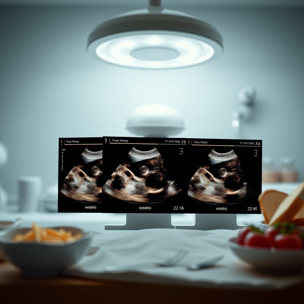 A series of ultrasound images displayed side by side, showing fetal growth from 12 weeks to 36 weeks, with clear measurement markers and a calm clinical environment