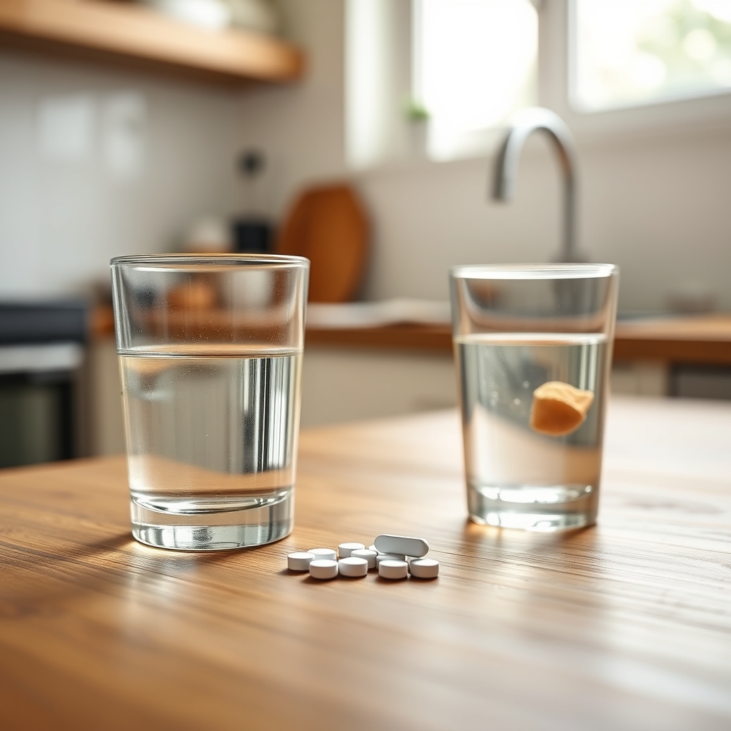 Close‑up of a low‑dose aspirin tablet next to a glass of water on a wooden countertop, bright natural light