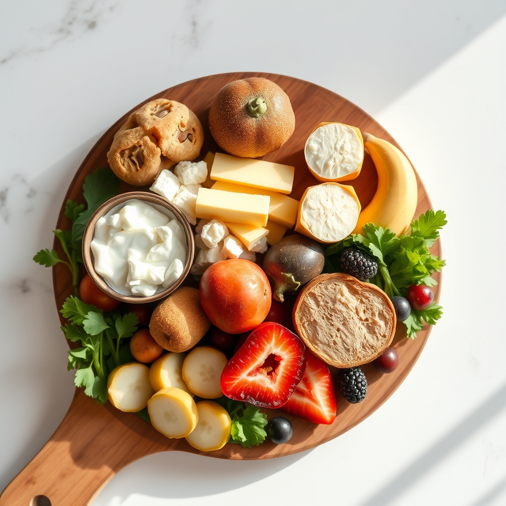 A colorful wooden board displaying calcium‑rich foods: cheese, yogurt, leafy greens, and almonds, bright morning light