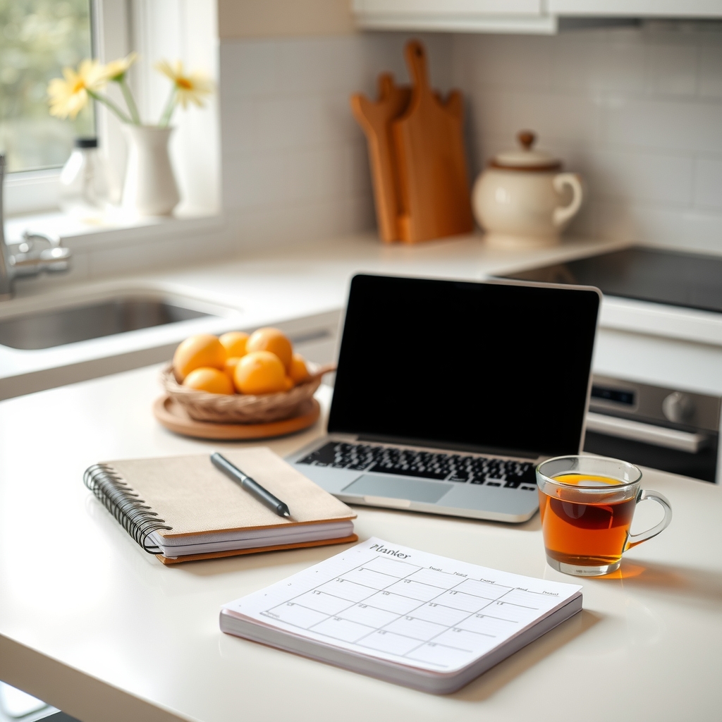 Planner and laptop on kitchen table