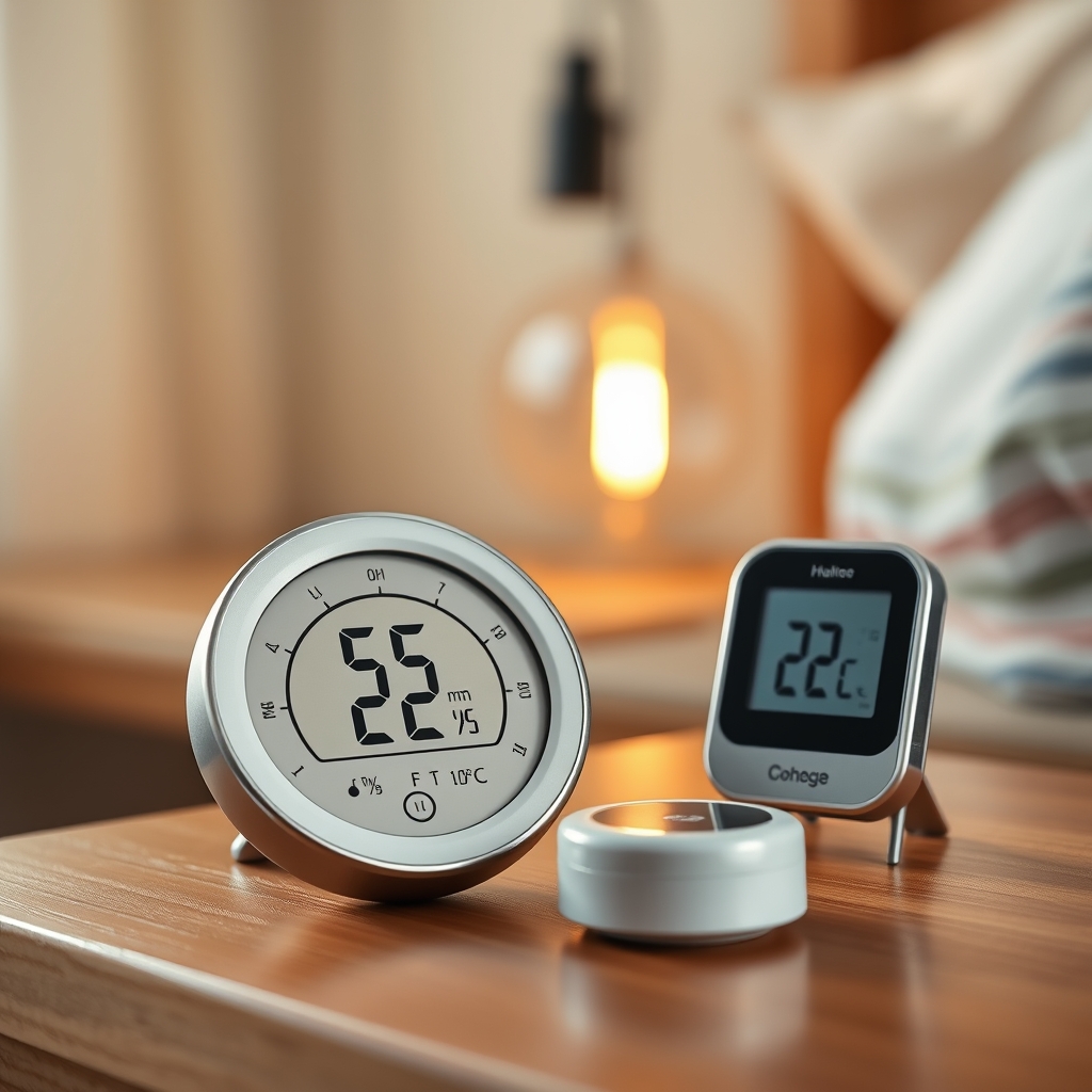 Close‑up of a digital hygrometer and thermometer on a bedside table, showing 35% humidity and 22°C temperature, with a soft nightlight in the background