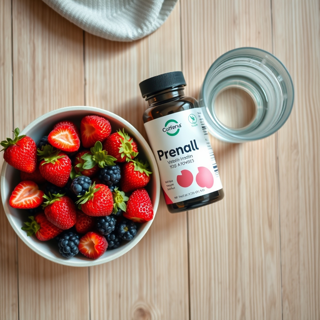 A close‑up of a prenatal vitamin bottle beside a glass of water and a bowl of fresh berries on a wooden surface, bright natural light highlighting the vitamins