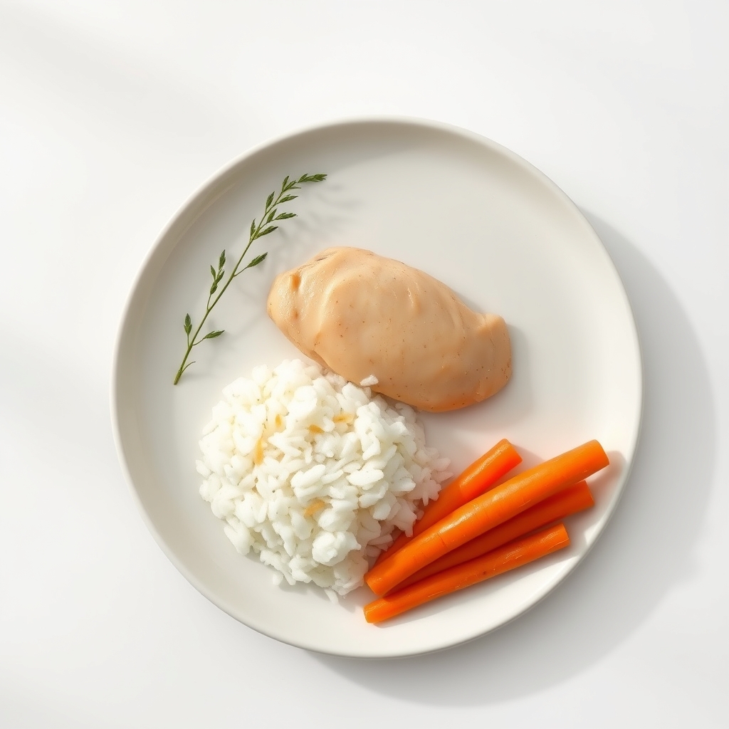 A balanced plate with plain chicken breast, steamed white rice, and cooked carrots, good for sensitive stomach