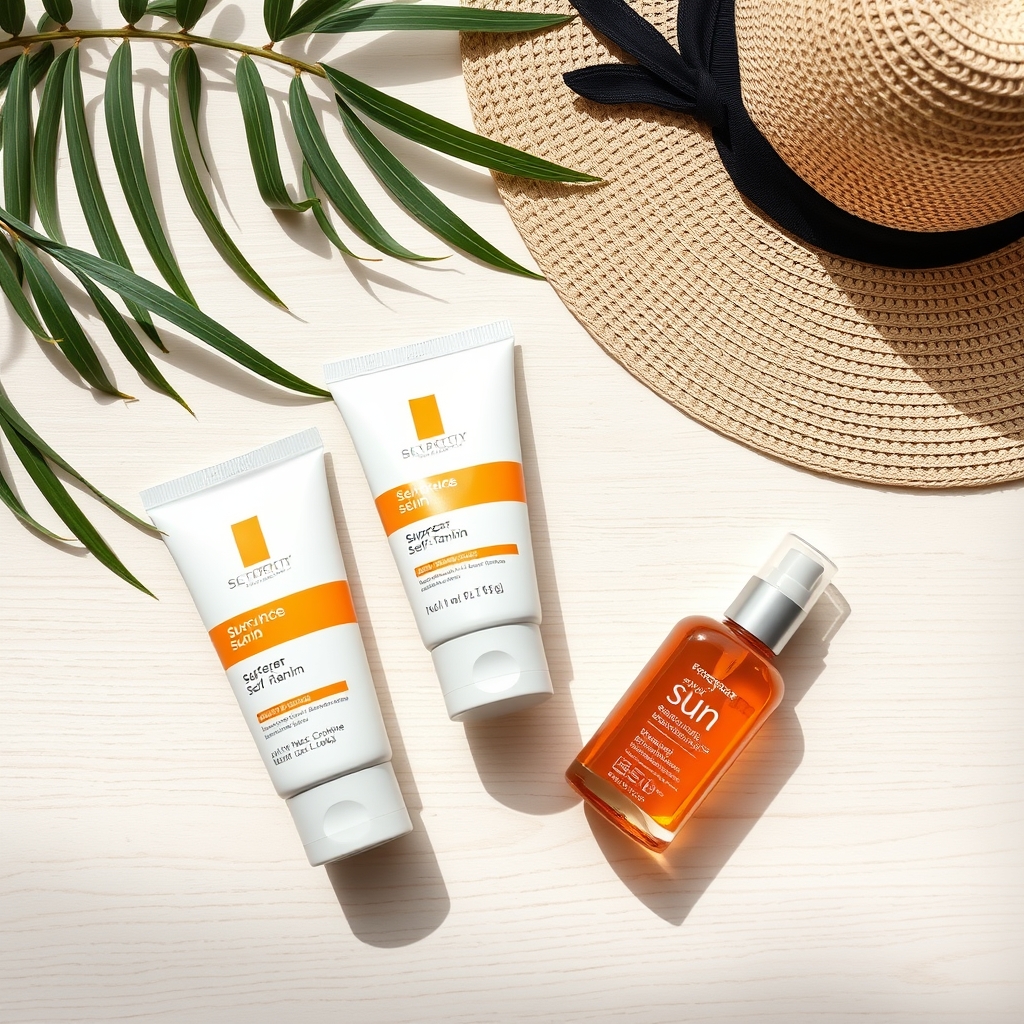 a collection of pregnancy‑safe sunscreen bottles, self‑tanning lotion, and a wide‑brimmed hat displayed on a wooden table, illustrating alternatives to UV tanning for expectant mothers