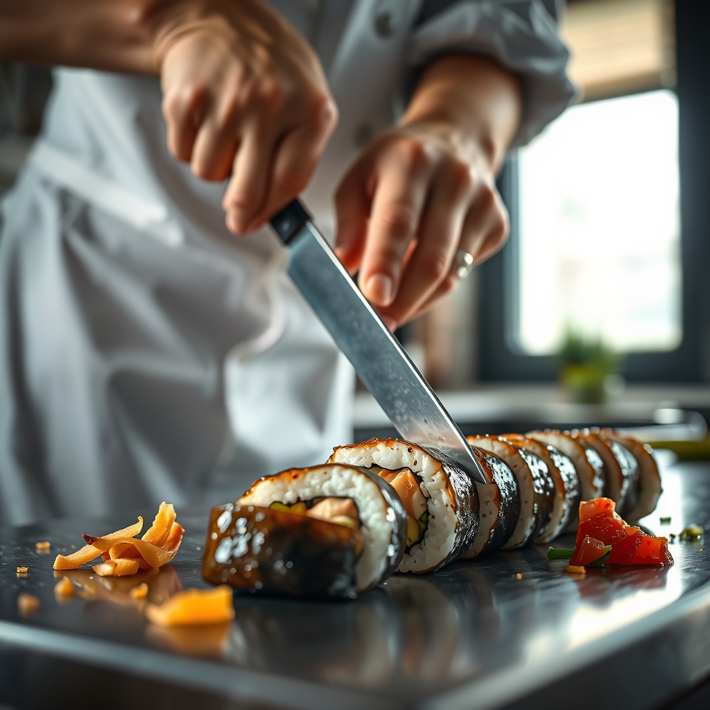 Close‑up of a sushi chef slicing a cooked eel roll with a clean knife on a stainless‑steel workstation, soft natural light