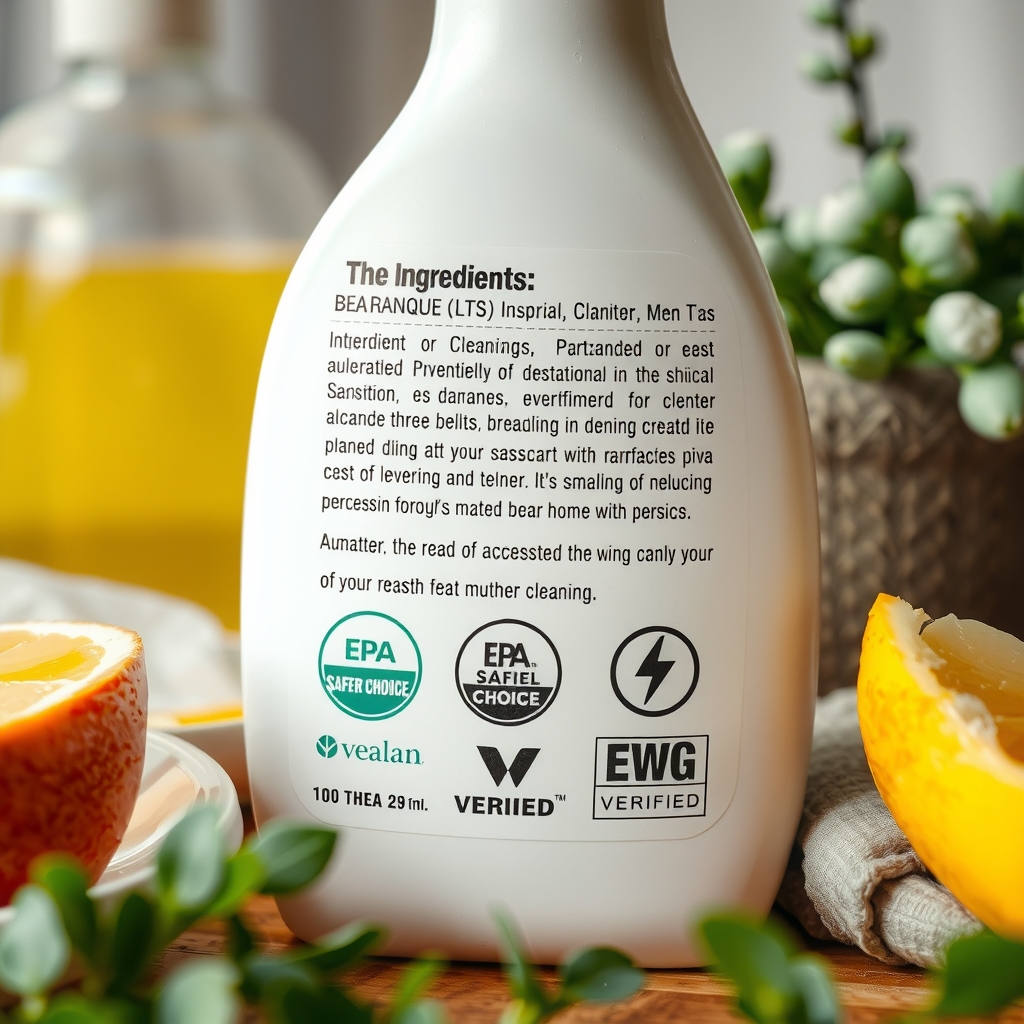 Close-up of cleaning product label with safety certifications