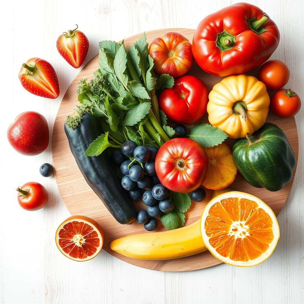 A soft, pastel‑colored flat‑lay of fresh fruits, leafy greens, and a glass of water on a wooden board, representing a pregnancy‑friendly, low‑sodium meal